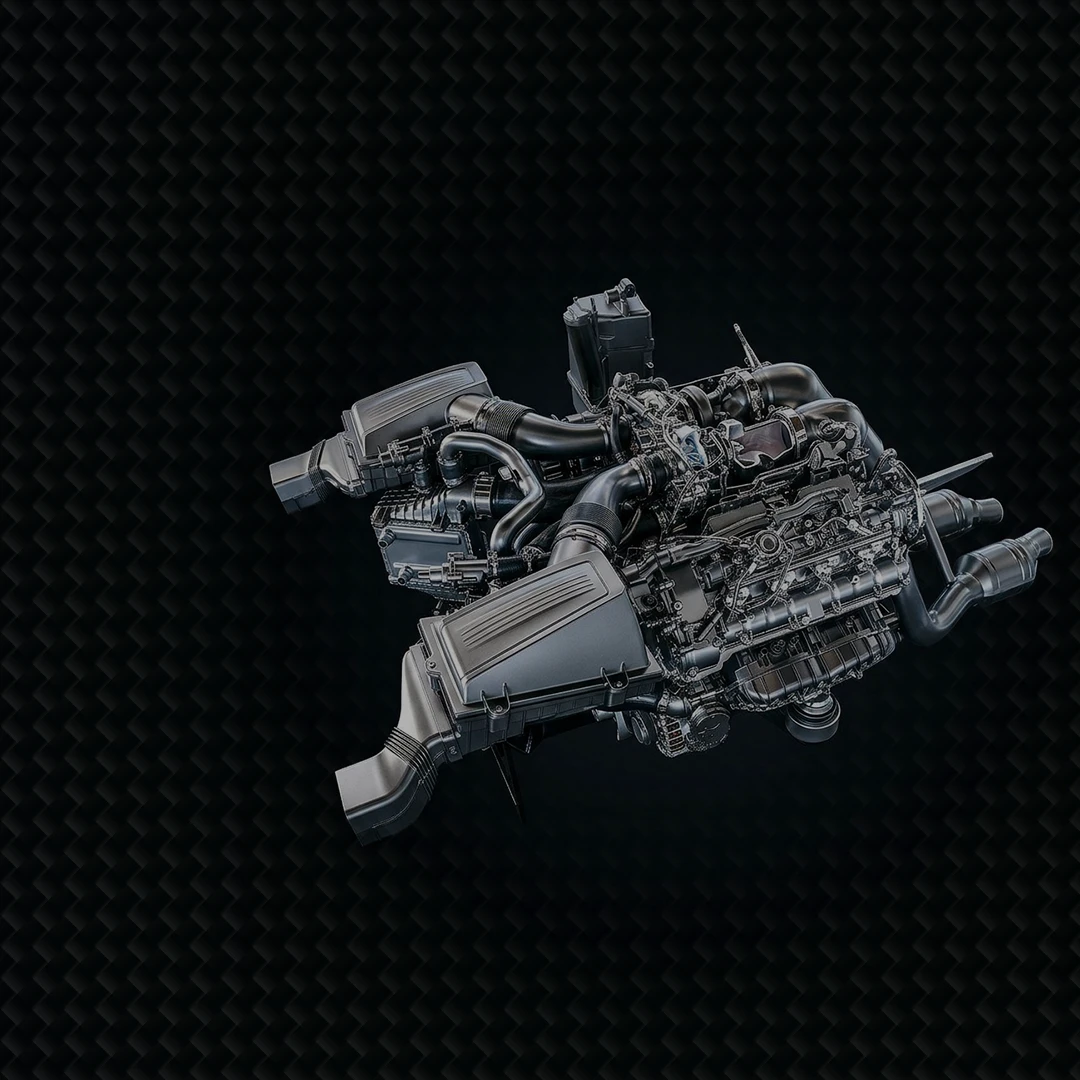 Automotor mit Ansaug- und Abgassystem auf dunklem Hintergrund