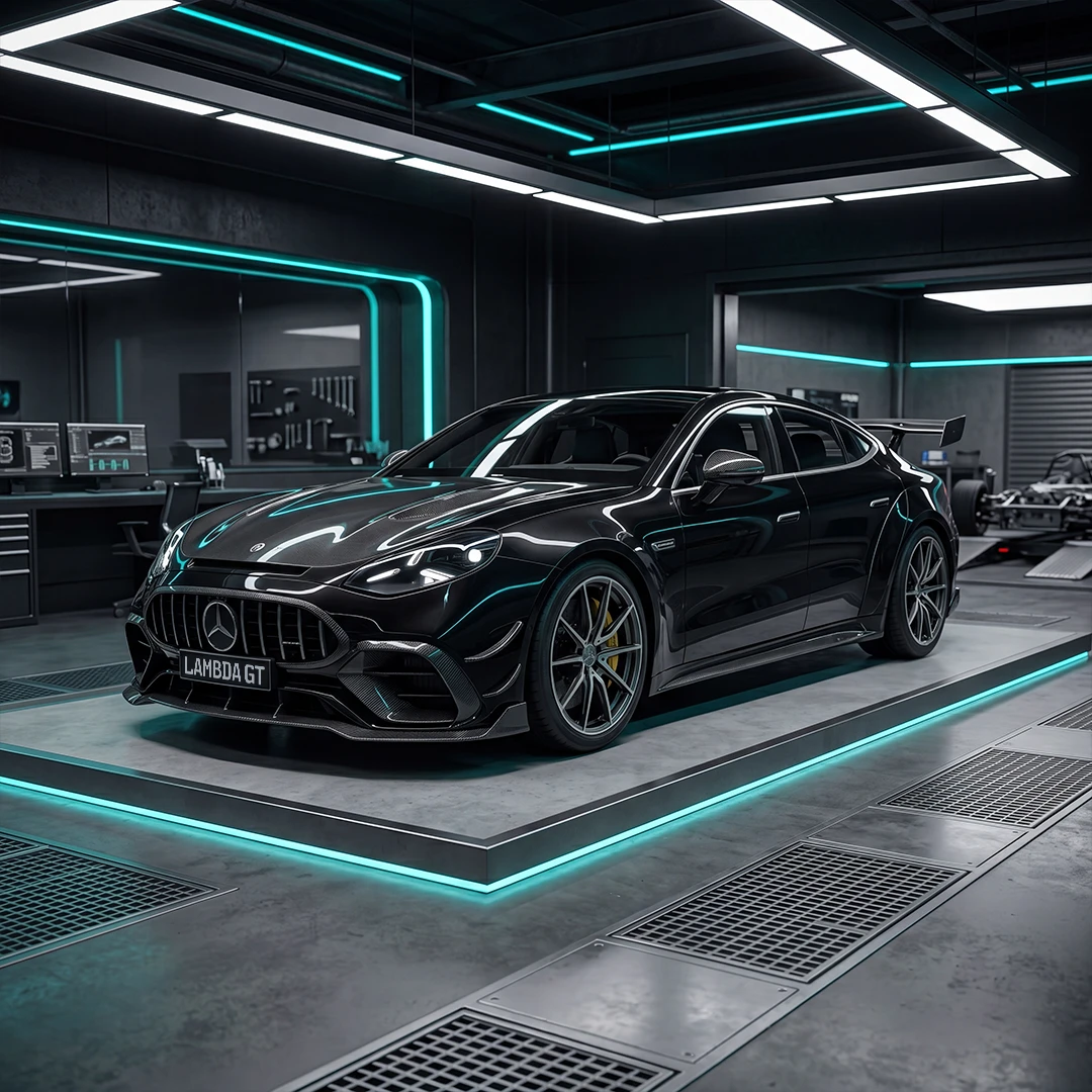 Schwarzer Mercedes-AMG Performance-Sportwagen in einer modernen Hightech-Garage mit LED-Beleuchtung, aerodynamischem Bodykit, AMG-Kühlergrill und exklusivem Premium-Design