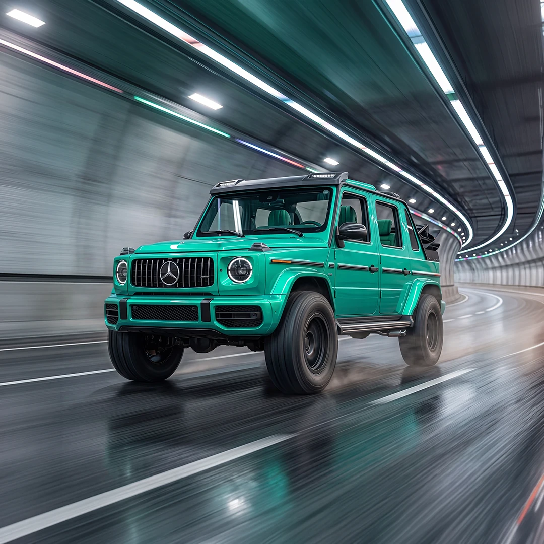 Türkisfarbener Mercedes-Benz G-Klasse SUV in Fahrt durch einen modernen Tunnel, mit markantem Kühlergrill, Premium-Design, Offroad-Performance und luxuriöser Ausstattung